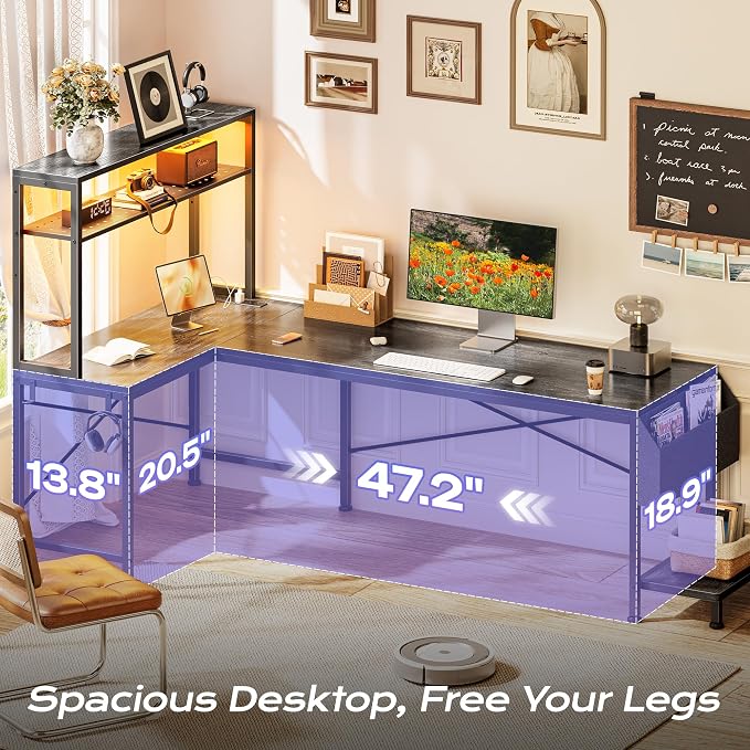 PRAISUN L Shaped Gaming Desk with LED Lights & Power Outlets, Reversible Computer Desk with Storage Shelves & Bag, Large Corner Home Office Desk with Pegboard for Work from Home, Grey - Image 5
