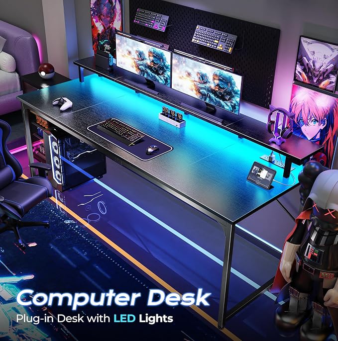 PRAISUN 63 inch Gaming Desk, LED & Power Outlets, Monitor Stand, Black | Sturdy PC Desk for Home Office, Study & Work, LED Lights, 4 AC Outlets & USB-C Charging Station - Image 4