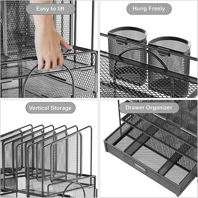 Marbrasse Desk Organizers, 4-Tier Mesh Desk File Organizer with 5 Vertical File Holders and 2 Pen Holders, Multifunction Desktop Organizer,Desk Organizers and Accessories for Home Office (Gray) - Image 3