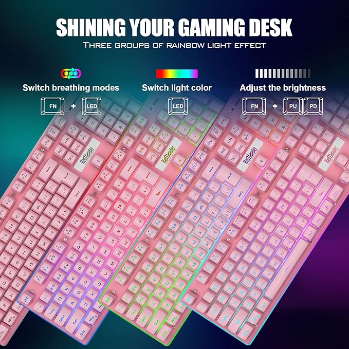 RedThunder K10 Wireless Gaming Keyboard and Mouse Combo, LED Backlit Rechargeable 3800mAh Battery, Mechanical Feel Anti-ghosting Keyboard + 7D 3200DPI Mice for PC Gamer (Pink) - Image 4