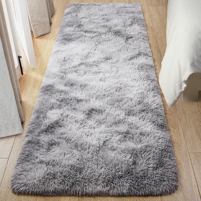 Tepook Fluffy Runner Rugs for Bedroom Aesthetic 2x6 Feet, Shag Soft Bedside Rug with Non-Slip Bottom, Fuzzy Plush Carpet for Room, Hallway Rug for Nursery Dorm Indoor Home Decor, Tie-dye Light Grey - Image 4