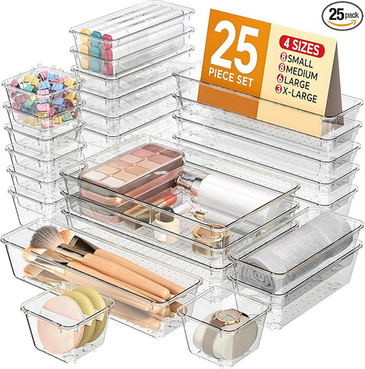 KEMETHY 25 PCS Plastic Drawer Organizers Set, 4 Sizes Vanity Organizer | Makeup and Desk Drawer Organizer Trays, Organization and Storage for Makeup, Bathroom, Kitchen Utensils and Office (Clear) by KEMETHYFocusesonCreatingEfficientStorageProductswithQualityMaterials