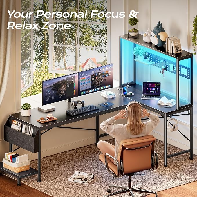 PRAISUN L Shaped Gaming Desk with LED Lights & Power Outlets, Reversible Computer Desk with Storage Shelves & Bag, Large Corner Home Office Desk with Pegboard for Work from Home, Black - Image 6