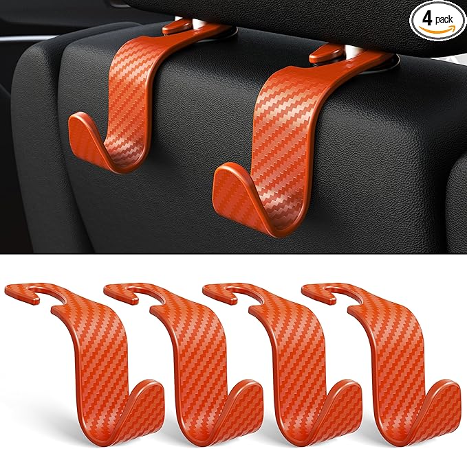 Amooca Car Seat Headrest Hook 4 Pack Hanger Universal Vehicle Car Storage Organizer for Handbag Purse Coat S Type Checkered Orange by Amooca