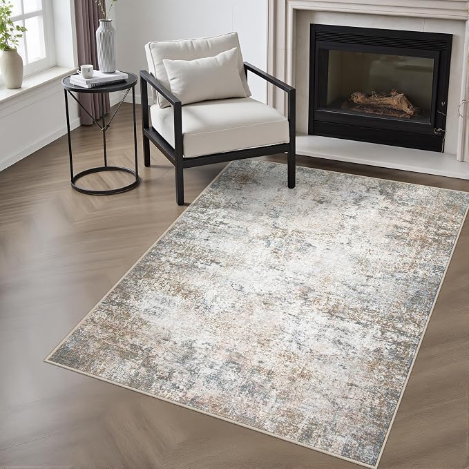 Washable Area Rug 3x5 Entryway Rug: Washable Modern Abstract Soft Thin Rug Indoor Floor No Slip Stain Resistant Carpet for Bedroom Dining Room Farmhouse Nursery Home Office - Brown Grey by FXRHLP