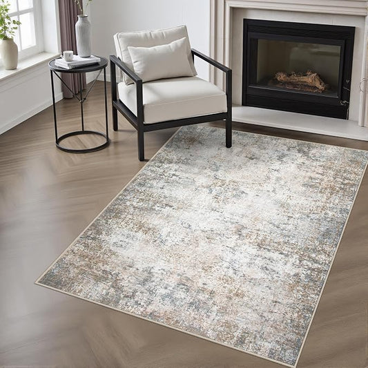 Washable Area Rug 3x5 Entryway Rug: Washable Modern Abstract Soft Thin Rug Indoor Floor No Slip Stain Resistant Carpet for Bedroom Dining Room Farmhouse Nursery Home Office - Brown Grey by FXRHLP