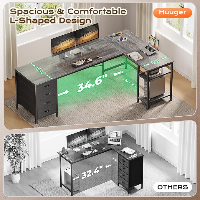 Huuger 63 Inch L Shaped Desk with Fabric Drawers, Reversible Computer Gaming Desk with Power Outlets and USB-C Port, Adjustable Side Storage Shelves, for Work Study Corner Home Office, Grey - Image 7