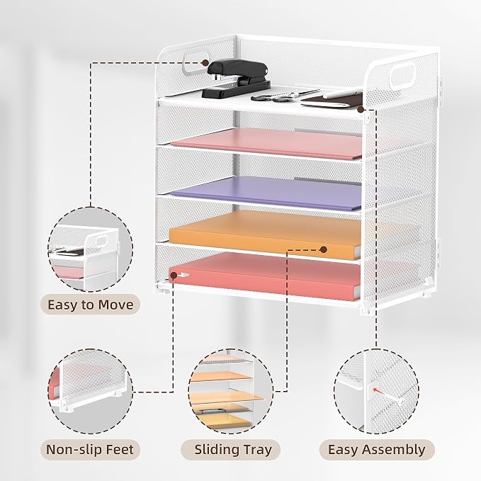 Supeasy 5 Trays Paper Organizer Letter Tray with Handle-Mesh Desk File Holders, Paper Sorter Desk Organizer for Office, Home, Classroom or School, White - Image 3