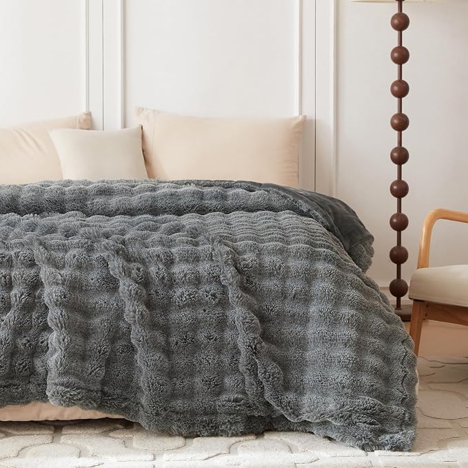 COOVA Faux Fur Throw Blanket for Couch, Cozy Soft and Fuzzy Plush Rabbit Fur Bubble Blanket for Sofa Bedroom Living Room, 50x60 Inches Cationic Light Grey - Image 4