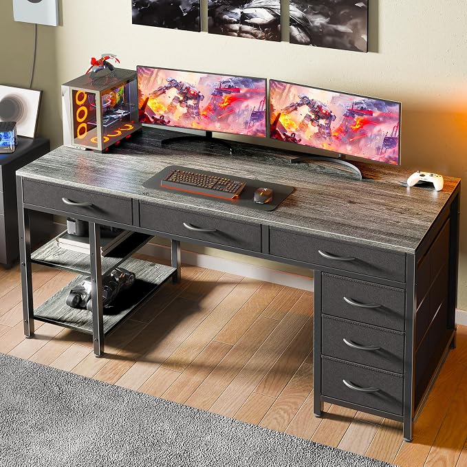 Huuger Computer Desk with 6 Drawers, Office Desk with Shelves, Reversible Gaming Desk, Corner Desk with Storage, Work for Home Office, Study, Living Room, 54inch, Grey - Image 7