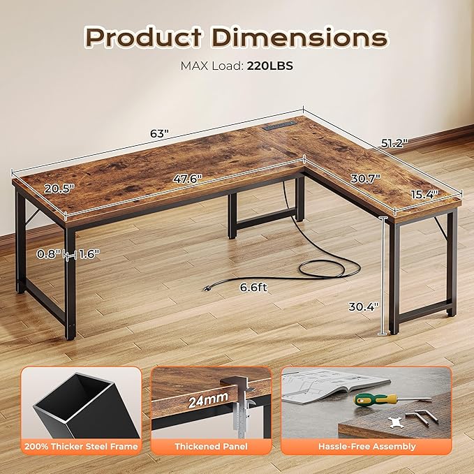 Huuger 63 Inch L Shaped Desk with Power Outlets and USB-C Port, 0.95 Inch Thicker Desktop, Reversible Computer Desk, Larger Office Corner Gaming Desk, Metal Frame, for Home Office, Study, Rustic Brown - Image 3