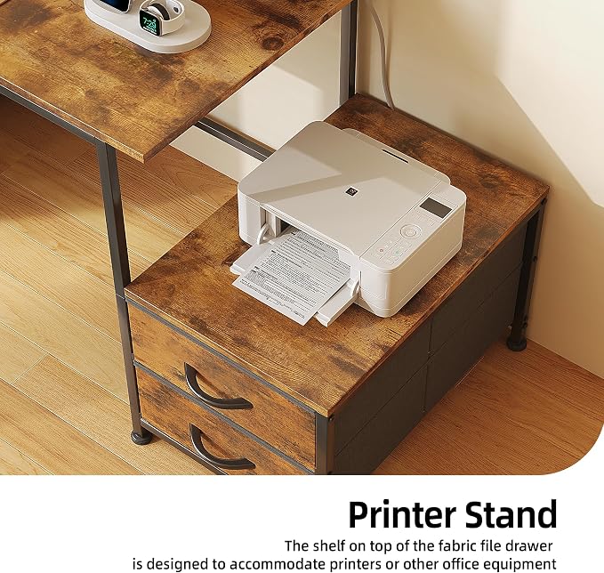 52 Inch Office Desk with 6 Drawers and Printer Space for Storage, Reversible Computer Desk with Monitor Stand & Power Outlets, Home Office Desks, Vintage - Image 4