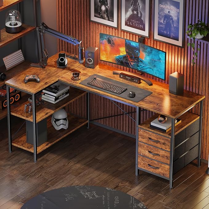 Huuger L Shaped Office Desk with Power Outlets, 55 Inch Computer Desk with 3 Drawers, Shelves, Reverisble for Gaming Corner Work Home Office Study, Rustic Brown - Image 8