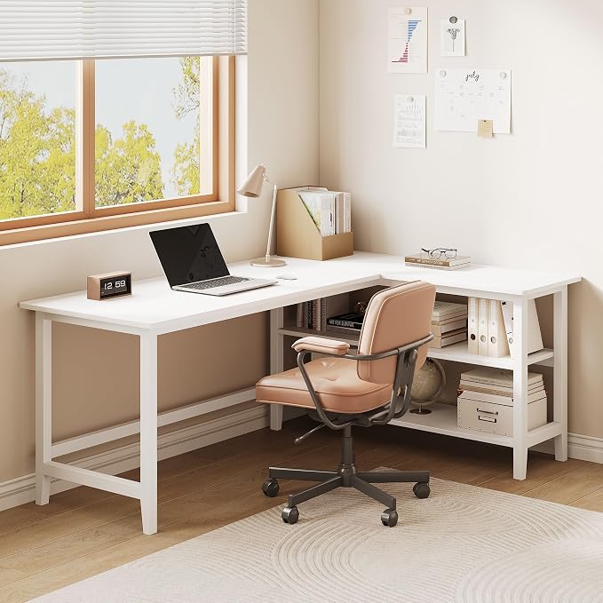 IOTXY Reversible L-Shaped Office Desk - 63" Extra Large Corner Computer Table with Storage Shelves, Solid Wood Legs, Home Writing & Study Workstation, White - Image 8