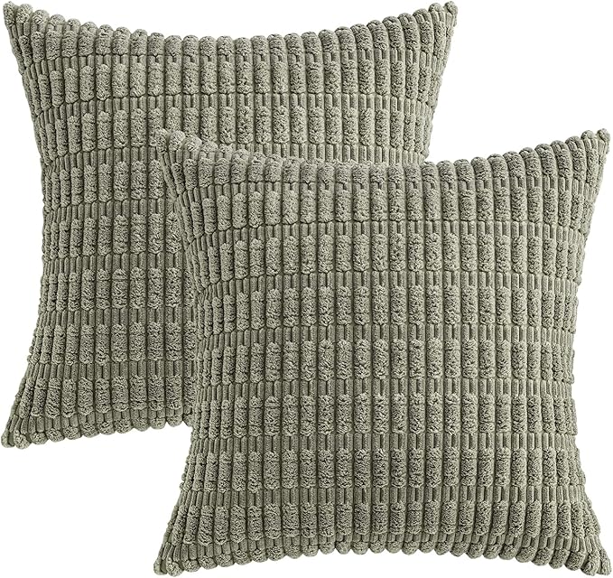MIULEE Pack of 2 Corduroy Decorative Euro Sham Throw Pillow Covers 24x24 Inch Soft Boho Striped Pillow Covers Modern Farmhouse Home Decor for Summer Sofa Living Room Couch Bed Light Olive Green - Image 6