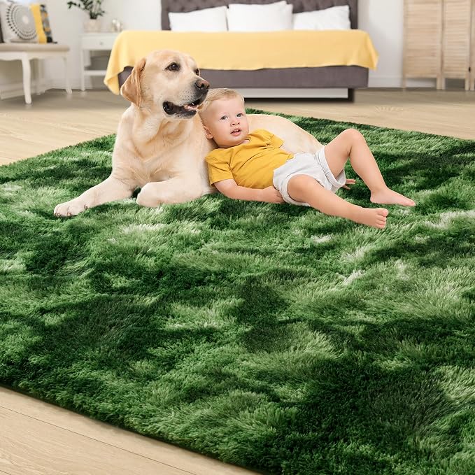 Tepook Fluffy Dark Green Rugs for Living Room Bedroom, 6x9 Soft Area Rug Tie-Dyed Forest Moss Green Kids Girls Boys Rug, Indoor Plush Shaggy Non-Slip Carpet for Nursery Classroom Dorm Home Decor - Image 4