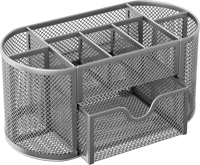 EasyPAG Mesh Pen Holder Desk Organizer with Drawer Stationery Supplies Organizer for Dorm School 9 Compartments Workspace Desk Accessories Organization for Office, Silver - Image 2