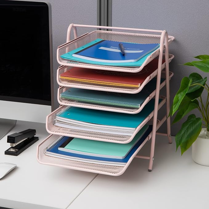 Mind Reader 5-Tier Paper Tray Organizer, Vertical Desktop File Storage Rack, Office, Metal Mesh, Pink (Pack of 6) - Image 6