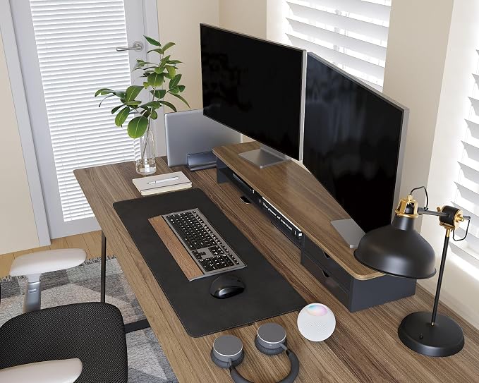 Fenge Monitor Stand, Dual Monitor Riser, 42.5inch Large Desk Computer Monitor Stand Riser with Drawer, 2 Tier Wood & Acrylic Desktop Organizer for Computer, Laptop, Printer, TV Screen Riser - Image 7