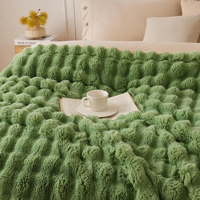 COOVA Faux Fur Throw Blanket for Couch, Cozy Soft and Fuzzy Plush Rabbit Fur Bubble Blanket for Sofa Bedroom Living Room, 50x60 Inches Light Green - Image 2