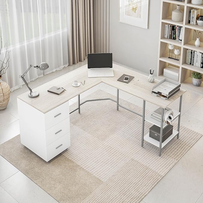 Techni Mobili 59" Two-Tone L‑Shaped Office Desk with Storage Shelves, Sand | 59" two‑tone L‑shaped desk with storage shelves, durable frame, modern corner workstation, spacious home office writing space - Image 2