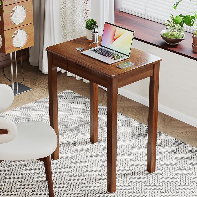 Wood Desk with Drawers - Solid Wood Mid Century Modern Desks for Bedroom, Small Computer Desk for Laptop, Study, Makeup, 23.6 W x 29.5 H x 15.7 D in, Walnut Color - Image 7