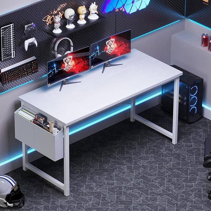 OLIXIS Computer Desk, 55 Inch Gaming Desks for Home Office Small Spaces | Writing Study Craft Work Table, Computer Workstation for Bedroom with Storage Bag, All White - Image 4