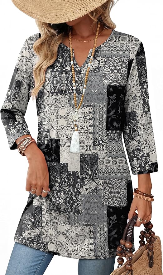 OFEEFAN Summer Boho Tops For Women 3/4 Length Sleeve Womens Tops Vacation Outfits by OFEEFAN