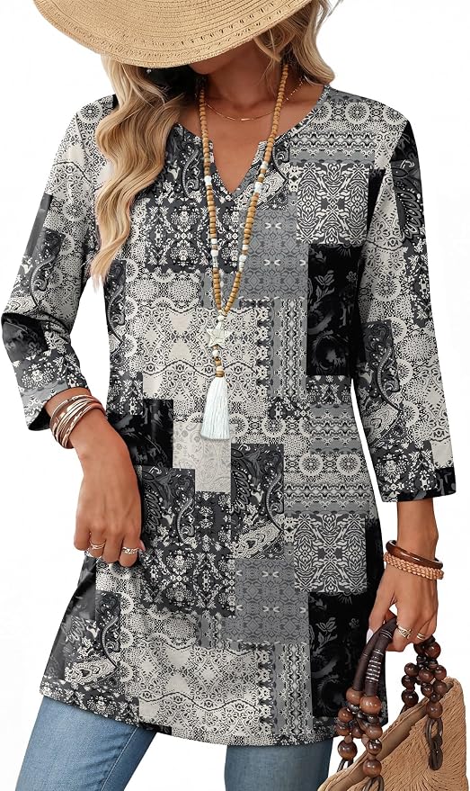 OFEEFAN Summer Boho Tops For Women 3/4 Length Sleeve Womens Tops Vacation Outfits by OFEEFAN