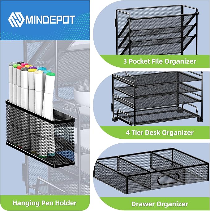 MINDEPOT 4-Tier Paper Organizer + 3-Pocket File Holder + Drawer + Pen Holders, Desktop File Organizers Paper Tray for Office Accessories School Classroom Organization (Black) - Image 3
