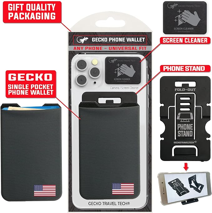 Phone Wallet - Adhesive Card Holder - Cell Phone Pouch - Stick on Lycra Pocket by Gecko - Carry Credit Cards and Cash - Image 9