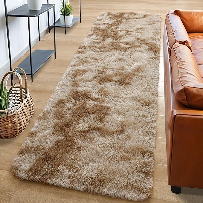 Tepook Fluffy Runner Rugs for Bedroom Aesthetic 2x6 Feet, Shag Soft Bedside Rug with Non-Slip Bottom, Fuzzy Plush Carpet for Room, Hallway Rug for Nursery Dorm Indoor Home Decor, Tie-Dyed Beige - Image 2