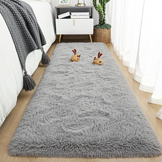 Tepook Soft Runner Rugs for Bedroom 2x6 ft with Rubber Backing, Grey Fluffy Rugs for Living Room, Shag Bedside Rug Fuzzy Plush Carpet for Room, Area Rug for Dorm Nursery Hallway Indoor Home Decor by Tepook