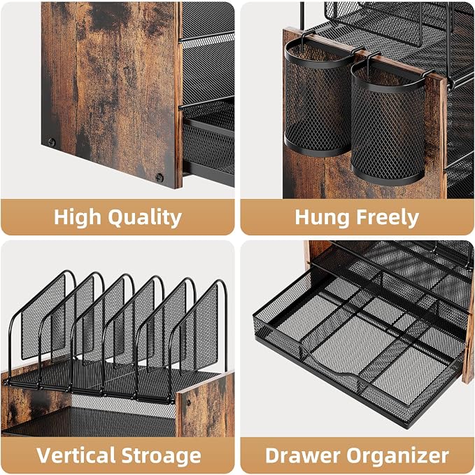 Marbrasse Desk organizer with Drawer, 4-Tier Wooden File Organizer with 5 Vertical File Holders and 2 Pen Holders, Desk Organizers and Accessories for Home Office - Dark Brown - Image 2