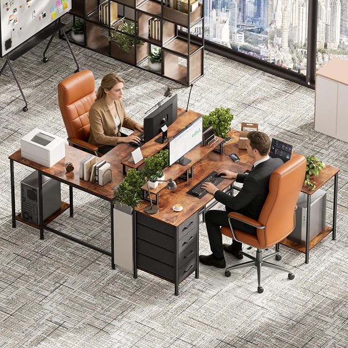 Korfile 59 inch L Shaped Computer Desk with Power Outlets, Rustic Brown | Ideal for Home Office, Bedroom, Corner, 4 Adjustable Storage Drawers, 2 Monitor Stands, Reversible, Two Person Gaming Table - Image 2