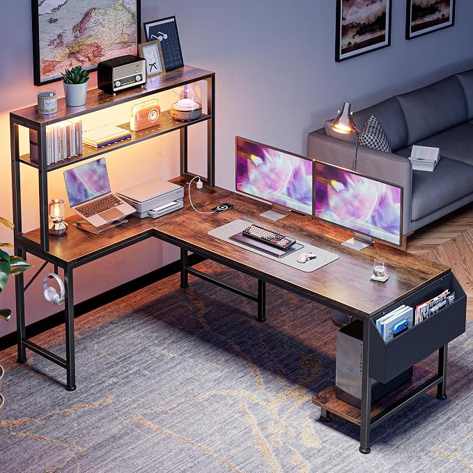 PRAISUN L Shaped Gaming Desk with LED Lights & Power Outlets, Reversible Computer Desk with Storage Shelves & Bag, Large Corner Home Office Desk with Pegboard for Work from Home, Rustic Brown - Image 7