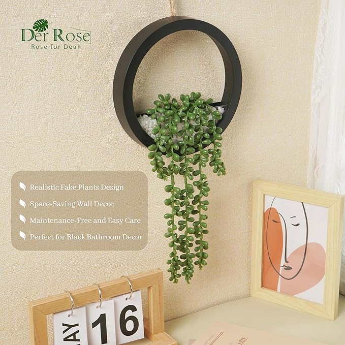 Der Rose 2 Pack Fake Plants Hanging Artificial Succulents Plants in Black Pots for Living Room Bathroom Accessories Boho Farmhouse Wall Decor - Image 4
