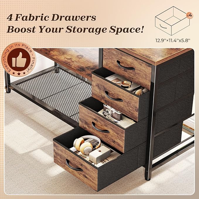 PRAISUN 61" L Shaped Desk with Power Outlets & USB-C Port, Reversible Computer Corner Office Desk with 4 Fabric Drawers and 2 Storage Shelves, Large Desk for Gaming Writing Study, Rustic Brown - Image 7