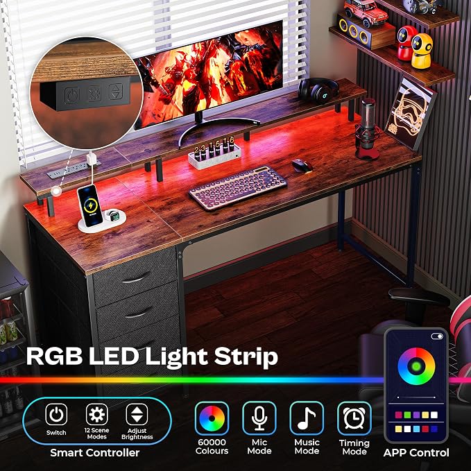 Huuger 55 Inch Computer Desk with Power Outlets and LED Lights, Gaming Desk with 4 Drawers, Office Desk with Monitor Stand, Study Work Home Office, Rustic Brown - Image 3