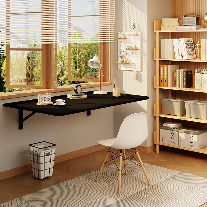 IAE 36x22in Floating Fold Desk,Wall-Mounted Folding Computer Table,Black | Study Table with Shelf Brackets,Foldable Down Shelf with Engineered Wood,Fold Computer Desk for Small Apartment,Holds 501 lb by IAE