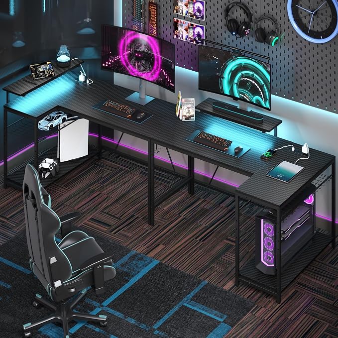 Bestier 52-Inch L-Shaped Gaming Desk with Charging & LED, Black | Charging 3AC+2USB, RGB LED 20 Colors/22 Modes, Reversible Shelves, Carbon Fiber Texture, Headphone Hook, 52 in - Image 2