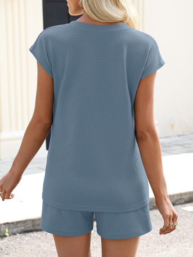 ANRABESS Womens Waffle Knit 2 Piece Short Sets Cap Sleeve Summer 2026 Matching Lounge Outfits Travel Beach Vacation Sweatsuit - Image 4