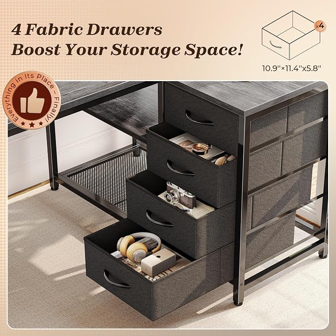 PRAISUN 43.3" Small Computer Desk with Power Outlets & USB-C Port, Reversible L Shaped Corner Office Desk with 4 Fabric Drawers and 2 Adjustable Storage Shelves, for Gaming Writing, Grey - Image 7