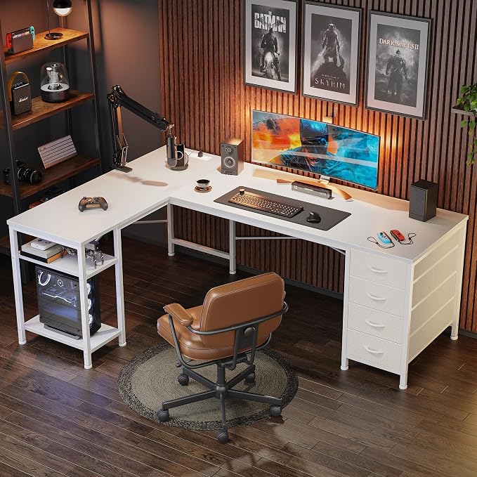 Huuger 55 Inch L Shaped Desk with Fabric Drawers, Reversible Computer Gaming Desk with Power Outlets and USB-C Port, Adjustable Side Storage Shelves, for Work Corner Home Office, White - Image 4