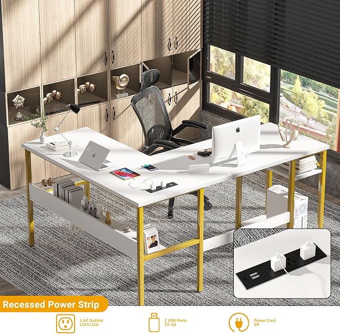 Unikito Reversible L Shaped Desk with Magic Power Outlets and USB Charging Ports, Sturdy Corner Computer Desk with Storage Shelves, Gaming Table Home Office Desk, Easy to Assemble, White and Gold - Image 4
