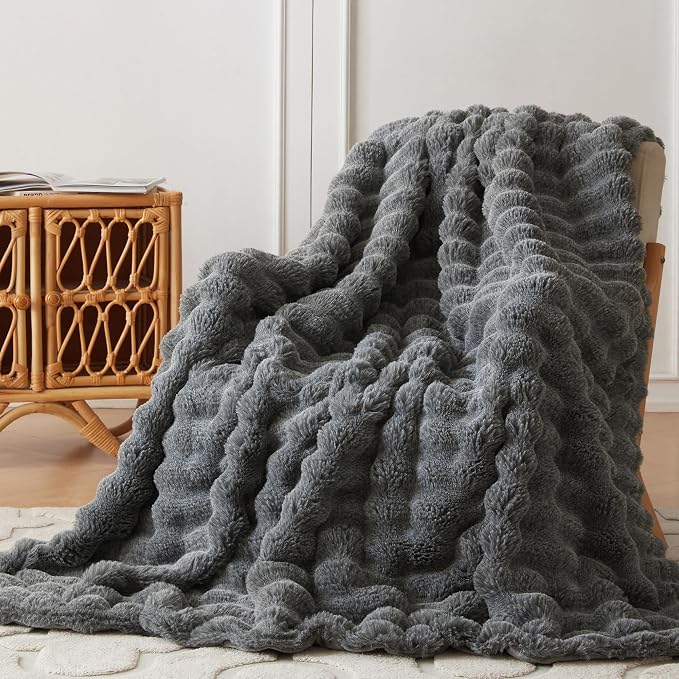 COOVA Faux Fur Throw Blanket for Couch, Cozy Soft and Fuzzy Plush Rabbit Fur Bubble Blanket for Sofa Bedroom Living Room, 50x60 Inches Cationic Light Grey by COOVA