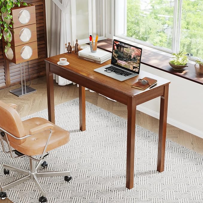 Wood Desk with Drawers - Solid Wood Mid Century Modern Desks for Bedroom, Small Computer Desk for PC, Laptop, Study, Makeup, 39.4 W x 29.5 H x 15.75 D in, Walnut Color - Image 3