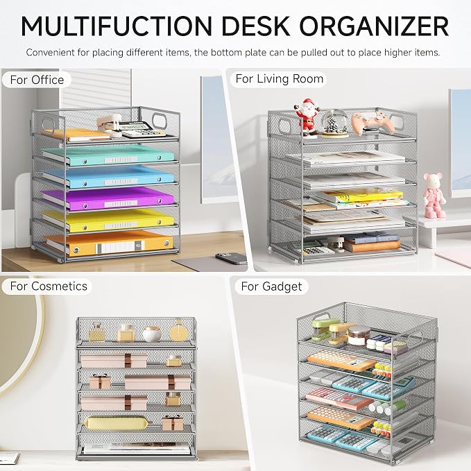 6 Tray Paper Organizer Letter Tray with Handle - Mesh Desk File Folder Holder, Paper Sorter for Office, Home or School - Silver - Image 5