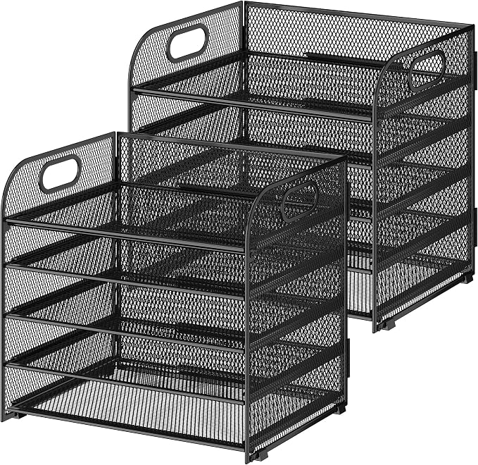 Cawukege 2 Pack 5 Tier Paper Organizer, Letter Tray with Handle, Mesh Desk Organizer, Metal File Organizer, Office Desk Accessories for Home, Office, Classroom, School -Black - Image 9
