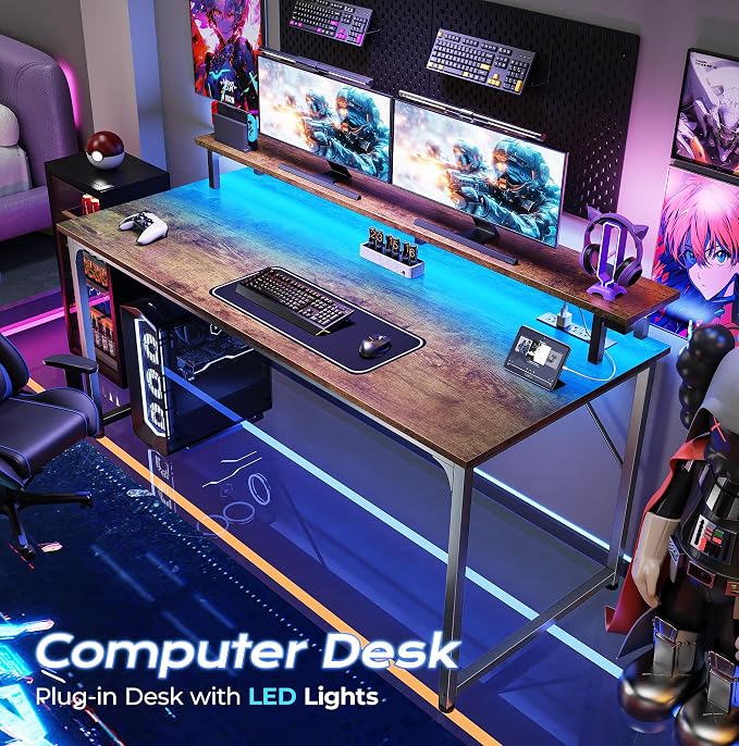 PRAISUN 48 inch Gaming Desk, LED & Outlets, Monitor Stand, Rustic Brown | Sturdy PC Desk for Home Office, Study & Work, LED Lights, 4 AC Outlets & USB-C Charging Station - Image 4